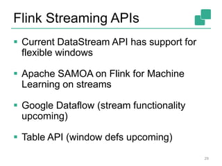 Flink Streaming APIs
 Current DataStream API has support for
flexible windows
 Apache SAMOA on Flink for Machine
Learning on streams
 Google Dataflow (stream functionality
upcoming)
 Table API (window defs upcoming)
29
 