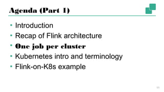 Agenda (Part 1)
▪ Introduction
▪ Recap of Flink architecture
▪ One job per cluster
▪ Kubernetes intro and terminology
▪ Flink-on-K8s example
11
 