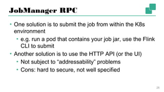 JobManager RPC
▪ One solution is to submit the job from within the K8s
environment
▪ e.g. run a pod that contains your job jar, use the
Flink CLI to submit
▪ Another solution is to use the HTTP API (or the UI)
▪ Not subject to “addressability” problems
▪ Cons: hard to secure, not well specified
28
 