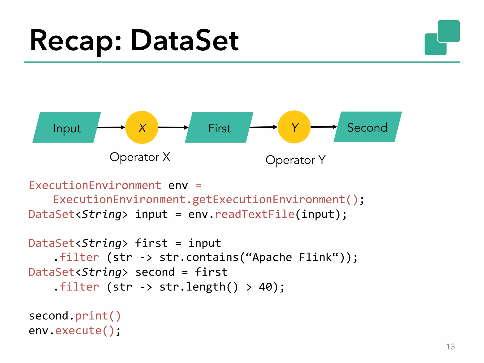 Recap: DataSet 
Input X First Y Second 
Operator X Operator Y 
13 
ExecutionEnvironment 
env 
= 
ExecutionEnvironment.getExecutionEnvironment(); 
DataSet<String> 
input 
= 
env.readTextFile(input); 
DataSet<String> 
first 
= 
input 
.filter 
(str 
-­‐> 
str.contains(“Apache 
Flink“)); 
DataSet<String> 
second 
= 
first 
.filter 
(str 
-­‐> 
str.length() 
> 
40); 
second.print() 
env.execute(); 
 