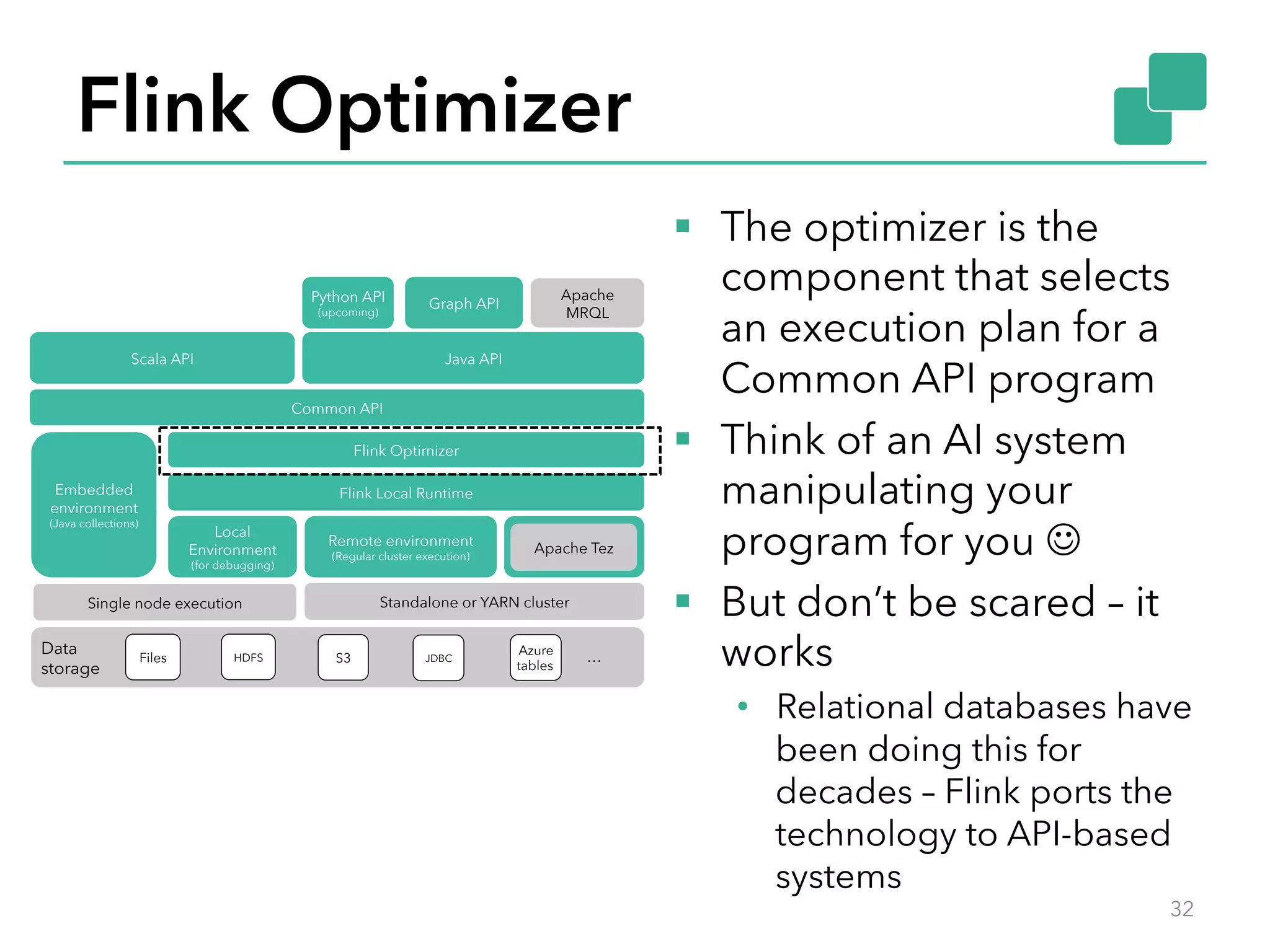 30 
30 
Python API 
(upcoming) Graph API Apache 
Scala API Java API 
Common API 
Flink Optimizer 
MRQL 
Embedded Flink Local Runtime 
environment 
(Java collections) Local 
Environment 
(for debugging) 
Remote environment 
(Regular cluster execution) Apache Tez 
Standalone or YARN cluster 
Data 
storage Files HDFS S3 JDBC Azure 
tables … 
Single node execution 
§ The optimizer is the 
component that selects 
an execution plan for a 
Common API program 
§ Think of an AI system 
manipulating your 
program for you J 
§ But don’t be scared – it 
works 
• Relational databases have 
been doing this for 
decades – Flink ports the 
technology to API-based 
systems 
Flink Optimizer 
32 
 