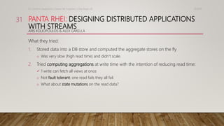 PANTA RHEI: DESIGNING DISTRIBUTED APPLICATIONS
WITH STREAMS
ARIS KOLIOPOULOS & ALEX GARELLA
What they tried:
1. Stored dat...