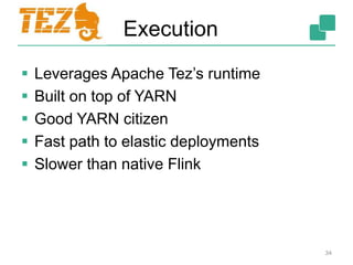 Execution
 Leverages Apache Tez’s runtime
 Built on top of YARN
 Good YARN citizen
 Fast path to elastic deployments
 Slower than native Flink
34
 