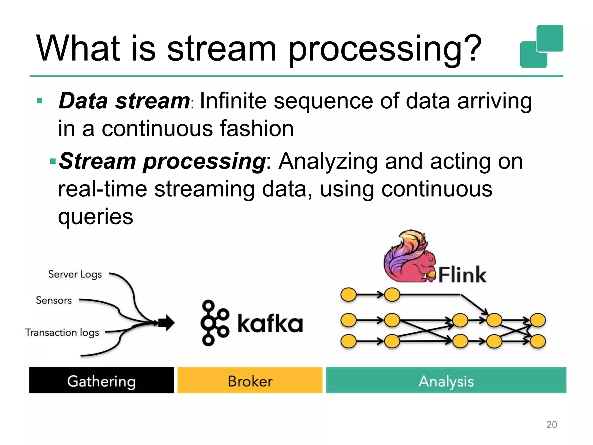 What is stream processing?
20
▪ Data stream: Infinite sequence of data arriving
in a continuous fashion
▪Stream processing: Analyzing and acting on
real-time streaming data, using continuous
queries
 