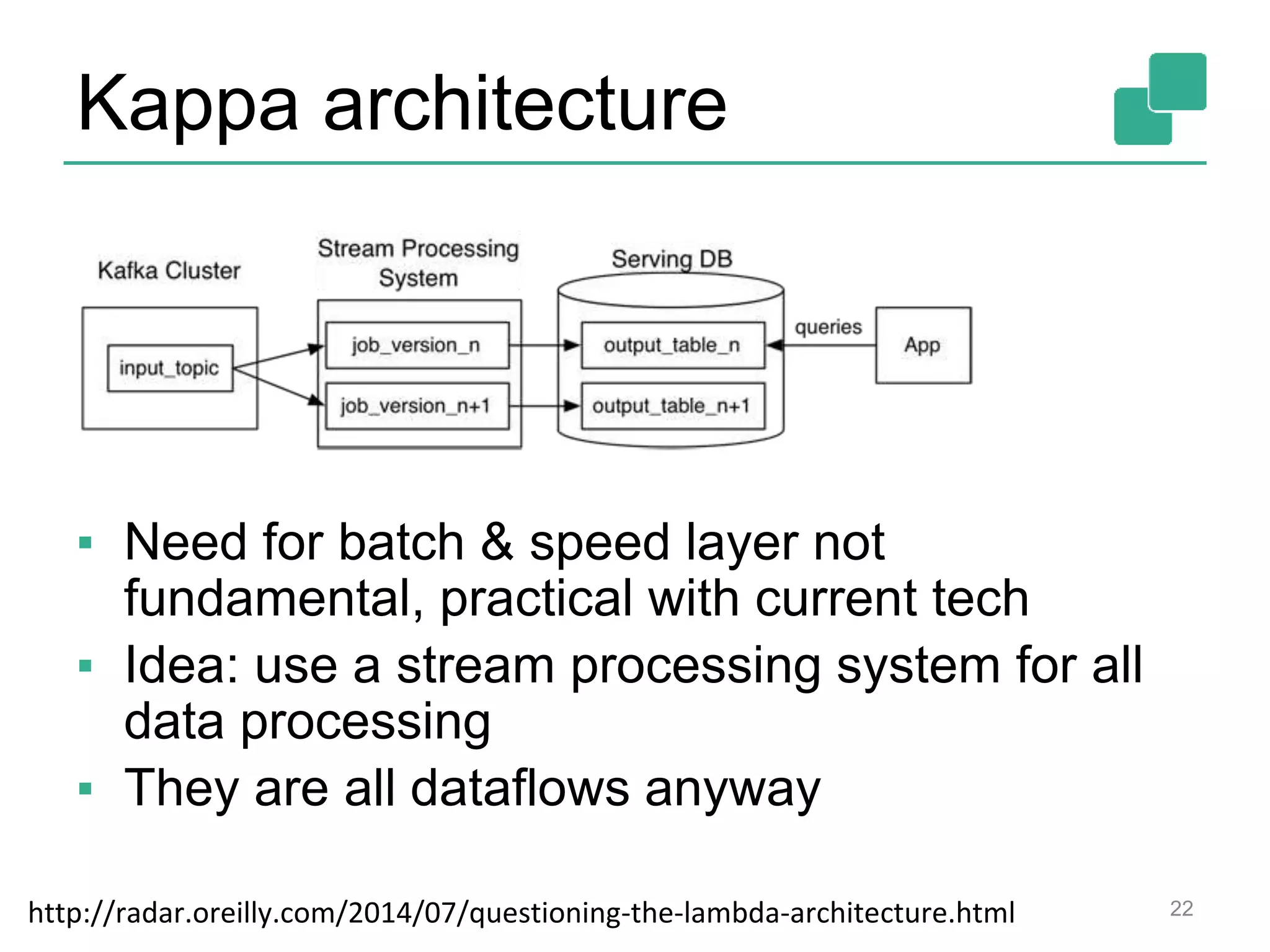 Kappa architecture
▪ Need for batch & speed layer not
fundamental, practical with current tech
▪ Idea: use a stream processing system for all
data processing
▪ They are all dataflows anyway
22http://radar.oreilly.com/2014/07/questioning-the-lambda-architecture.html
 