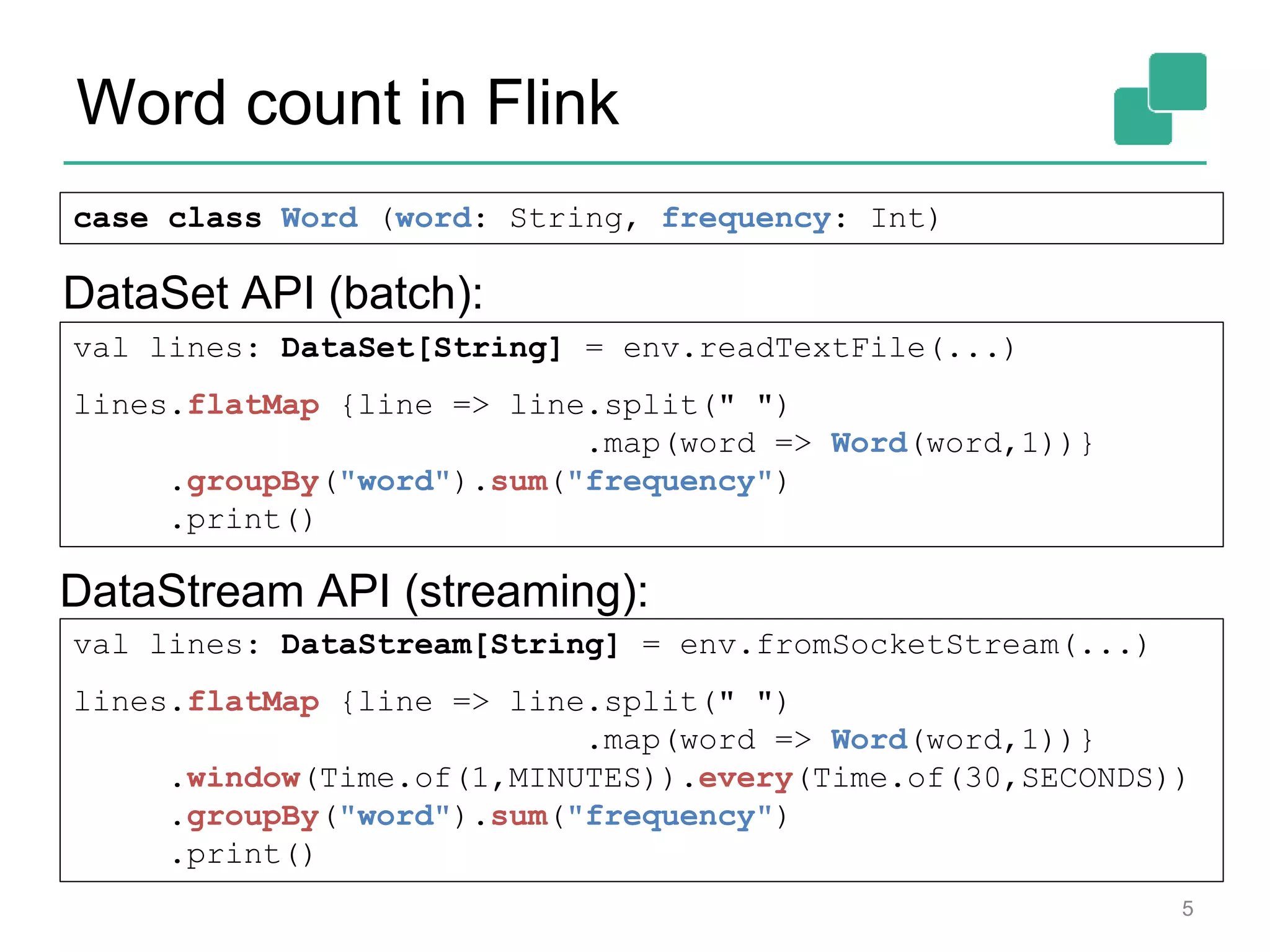 Word count in Flink
5
case class Word (word: String, frequency: Int)
val lines: DataStream[String] = env.fromSocketStream(...)
lines.flatMap {line => line.split(" ")
.map(word => Word(word,1))}
.window(Time.of(1,MINUTES)).every(Time.of(30,SECONDS))
.groupBy("word").sum("frequency")
.print()
val lines: DataSet[String] = env.readTextFile(...)
lines.flatMap {line => line.split(" ")
.map(word => Word(word,1))}
.groupBy("word").sum("frequency")
.print()
DataSet API (batch):
DataStream API (streaming):
 