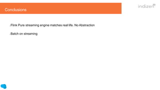 Conclusions
Flink Pure streaming engine matches real life. No Abstraction
Batch on streaming
 