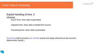 Event Time: when data is generated
Ingestion time: when data is loaded from source
Processing time: when data is processed
Event time help to process out- of-order events and replay elements as the ocurred (
deterministic results )
Explicit handling of time. 3
choices:
Event Times & Windowing
 