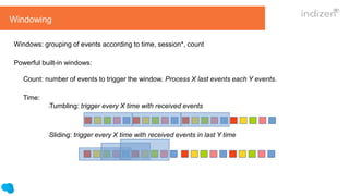 Windowing
Windows: grouping of events according to time, session*, count
Powerful built-in windows:
Count: number of events to trigger the window. Process X last events each Y events.
Time:
lTumbling: trigger every X time with received events
lSliding: trigger every X time with received events in last Y time
 