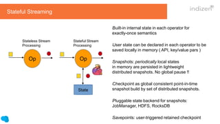 Stateful Streaming
Op Op
State
Stateless Stream
Processing
Stateful Stream
Processing
lBuilt-in internal state in each operator for
exactly-once semantics
lUser state can be declared in each operator to be
saved locally in memory ( API, key/value pars )
lSnapshots: periodically local states
in memory are persisted in lightweight
distributed snapshots. No global pause !!
lCheckpoint as global consistent point-in-time
snapshot build by set of distributed snapshots.
lPluggable state backend for snapshots:
JobManager, HDFS, RocksDB
lSavepoints: user-triggered retained checkpoint
 