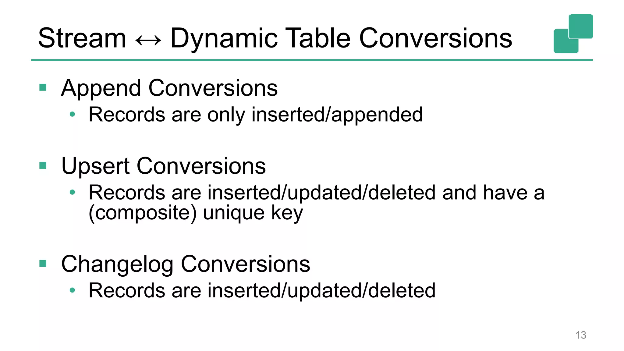 Stream ↔ Dynamic Table Conversions
 Append Conversions
• Records are only inserted/appended
 Upsert Conversions
• Records are inserted/updated/deleted and have a
(composite) unique key
 Changelog Conversions
• Records are inserted/updated/deleted
13
 