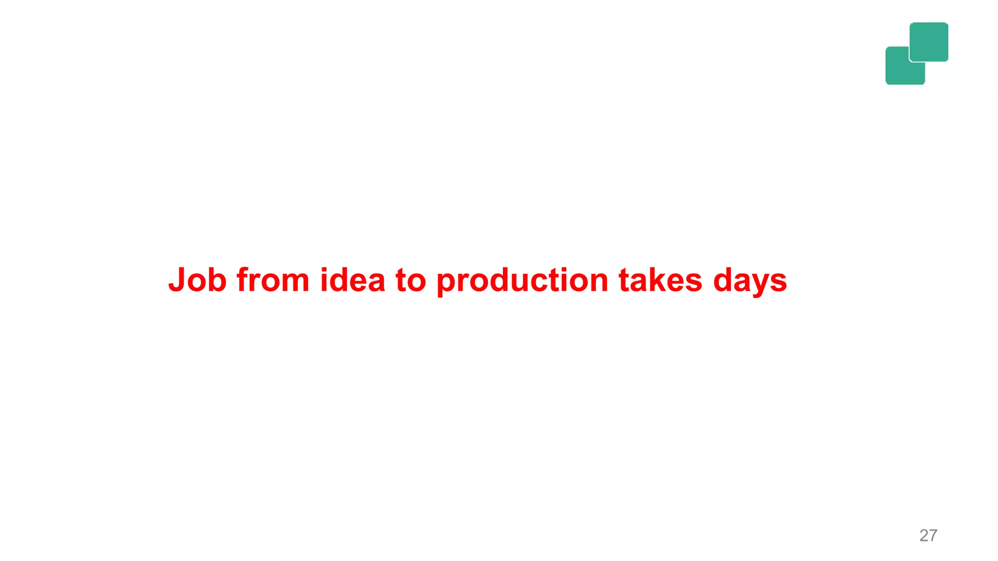 27
Job from idea to production takes days
 