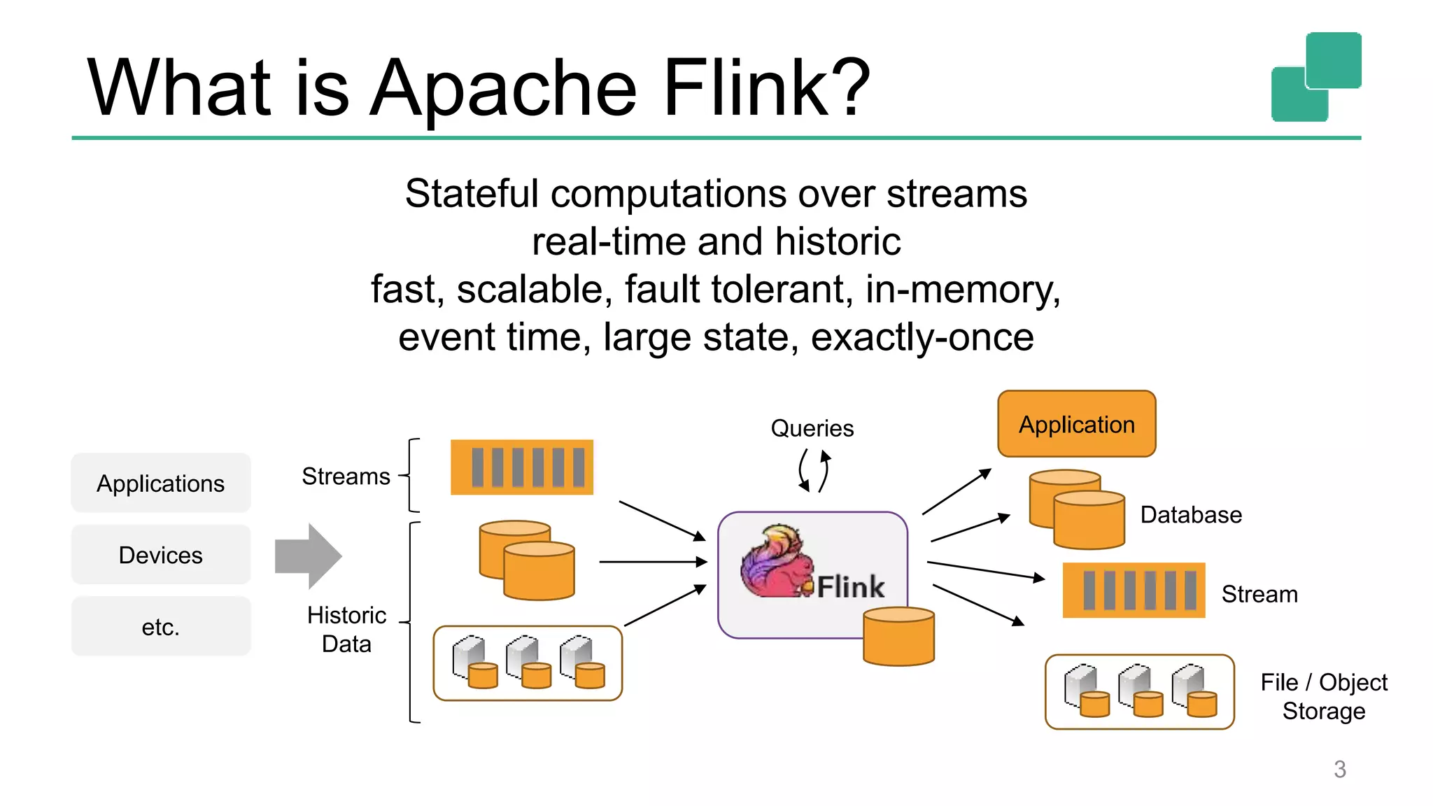 What is Apache Flink?
3
Queries
Applications
Devices
etc.
Database
Stream
File / Object
Storage
Stateful computations over streams
real-time and historic
fast, scalable, fault tolerant, in-memory,
event time, large state, exactly-once
Historic
Data
Streams
Application
 