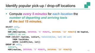 Identify popular pick-up / drop-off locations
SELECT cell,
isStart,
HOP_END(rowtime, INTERVAL '5' MINUTE, INTERVAL '15' MINUTE) AS hopEnd,
COUNT(*) AS cnt
FROM (SELECT rowtime, isStart, toCellId(lon, lat) AS cell
FROM TaxiRides
WHERE isInNYC(lon, lat))
GROUP BY cell,
isStart,
HOP(rowtime, INTERVAL '5' MINUTE, INTERVAL '15' MINUTE) 17
 Compute every 5 minutes for each location the
number of departing and arriving taxis
of the last 15 minutes.
 