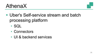 AthenaX
 Uber's Self-service stream and batch
processing platform
• SQL
• Connectors
• UI & backend services
36
 