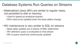 © 2019 Ververica12
Database Systems Run Queries on Streams
• Materialized views (MV) are similar to regular views,
but persisted to disk or memory
‒Used to speed-up analytical queries
‒MVs need to be updated when the base tables change
• MV maintenance is very similar to SQL on streams
‒Base table updates are a stream of DML statements
‒MV definition query is evaluated on that stream
‒MV is query result and continuously updated
 