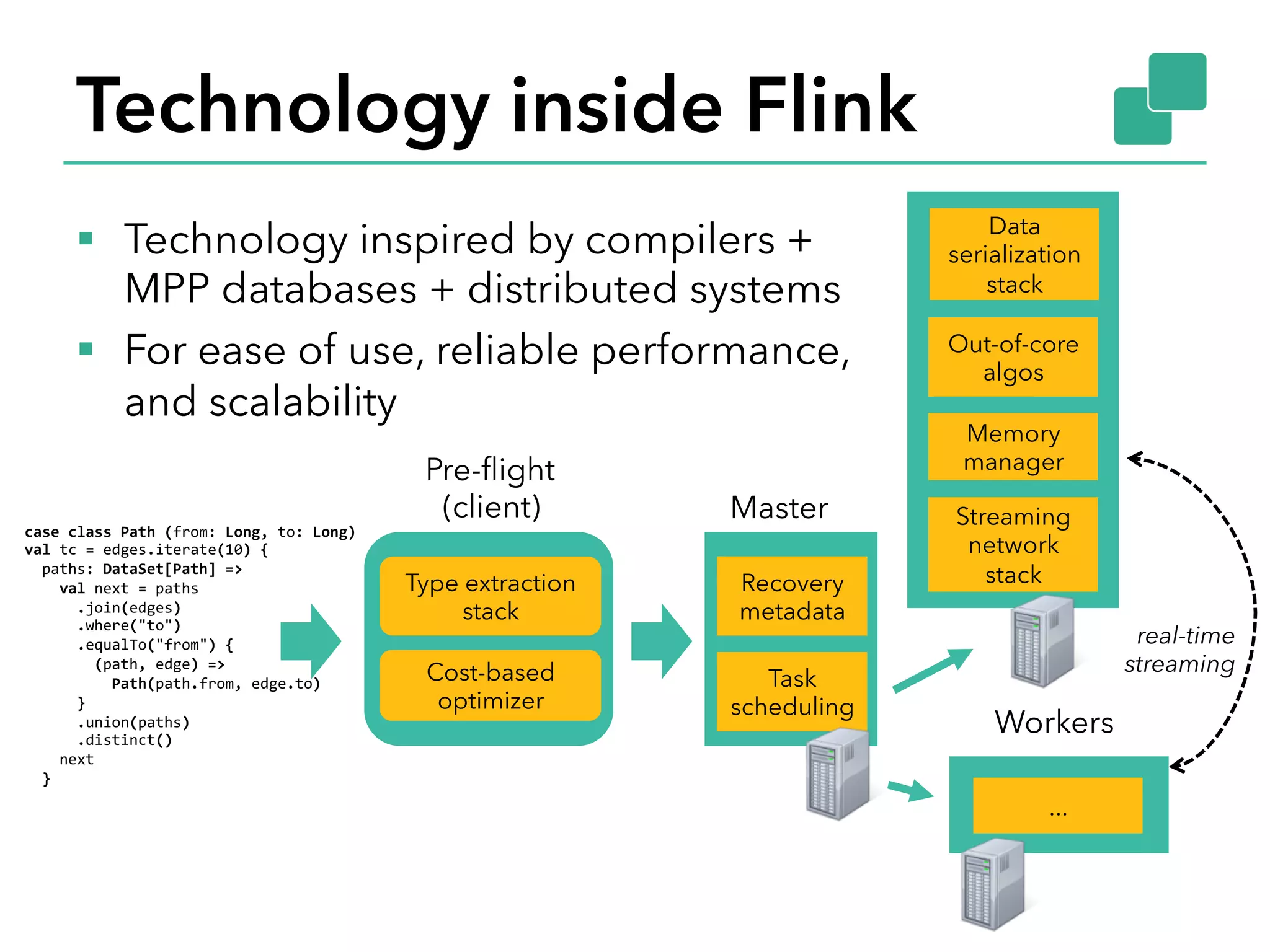 Technology inside Flink §  Technology inspired by compilers + MPP databases + distributed systems §  For ease of use, reliable performance, and scalability case  class  Path  (from:  Long,  to:  Long)   val  tc  =  edges.iterate(10)  {        paths:  DataSet[Path]  =>          val  next  =  paths              .join(edges)              .where("to")              .equalTo("from")  {                  (path,  edge)  =>                        Path(path.from,  edge.to)              }              .union(paths)              .distinct()          next      }   Cost-based optimizer Type extraction stack Memory manager Out-of-core algos real-time streaming Task scheduling Recovery metadata Data serialization stack Streaming network stack ... Pre-ﬂight (client) Master Workers 