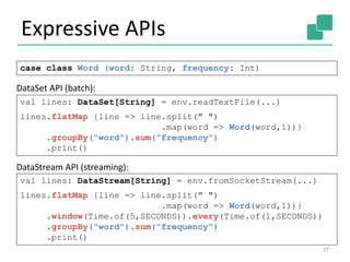 Expressive APIs
17
case class Word (word: String, frequency: Int)
val lines: DataStream[String] = env.fromSocketStream(...)
lines.flatMap {line => line.split(" ")
.map(word => Word(word,1))}
.window(Time.of(5,SECONDS)).every(Time.of(1,SECONDS))
.groupBy("word").sum("frequency")
.print()
val lines: DataSet[String] = env.readTextFile(...)
lines.flatMap {line => line.split(" ")
.map(word => Word(word,1))}
.groupBy("word").sum("frequency")
.print()
DataSet API (batch):
DataStream API (streaming):
 