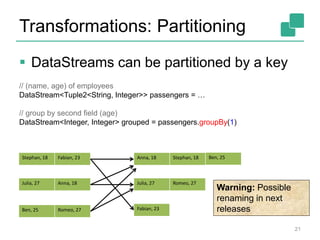 Transformations: Partitioning
 DataStreams can be partitioned by a key
21
// (name, age) of employees
DataStream<Tuple2<String, Integer>> passengers = …
// group by second field (age)
DataStream<Integer, Integer> grouped = passengers.groupBy(1)
Stephan, 18 Fabian, 23
Julia, 27 Anna, 18
Romeo, 27
Anna, 18 Stephan, 18
Julia, 27 Romeo, 27
Fabian, 23
Warning: Possible
renaming in next
releasesBen, 25
Ben, 25
 