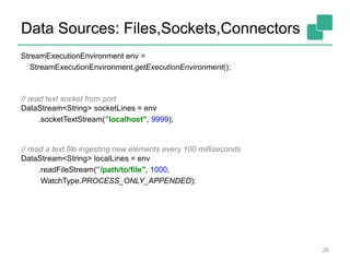 Data Sources: Files,Sockets,Connectors
StreamExecutionEnvironment env =
StreamExecutionEnvironment.getExecutionEnvironment();
// read text socket from port
DataStream<String> socketLines = env
.socketTextStream(”localhost", 9999);
// read a text file ingesting new elements every 100 milliseconds
DataStream<String> localLines = env
.readFileStream(”/path/to/file", 1000,
WatchType.PROCESS_ONLY_APPENDED);
26
 