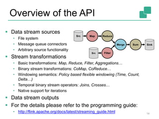 Overview of the API
 Data stream sources
• File system
• Message queue connectors
• Arbitrary source functionality
 Stream transformations
• Basic transformations: Map, Reduce, Filter, Aggregations…
• Binary stream transformations: CoMap, CoReduce…
• Windowing semantics: Policy based flexible windowing (Time, Count,
Delta…)
• Temporal binary stream operators: Joins, Crosses…
• Native support for iterations
 Data stream outputs
 For the details please refer to the programming guide:
• http://flink.apache.org/docs/latest/streaming_guide.html 14
Reduce
Merge
Filter
Sum
Map
Src
Sink
Src
 