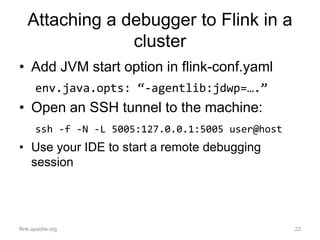 Attaching a debugger to Flink in a
cluster
• Add JVM start option in flink-conf.yaml
env.java.opts: “-agentlib:jdwp=….”
• ...