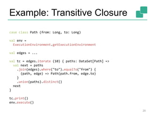 Example: Transitive Closure
20
case class Path (from: Long, to: Long)
val env =
ExecutionEnvironment.getExecutionEnvironment
val edges = ...
val tc = edges.iterate (10) { paths: DataSet[Path] =>
val next = paths
.join(edges).where("to").equalTo("from") {
(path, edge) => Path(path.from, edge.to)
}
.union(paths).distinct()
next
}
tc.print()
env.execute()
 
