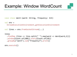 Example: Window WordCount
5
case class Word (word: String, frequency: Int)
val env =
StreamExecutionEnvironment.getExecutionEnvironment
val lines = env.fromSocketStream(...)
lines
.flatMap {line => line.split(" ").map(word => Word(word,1))}
.window(Count.of(100)).every(Count.of(10))
.groupBy("word").sum("frequency”).print()
env.execute()
 