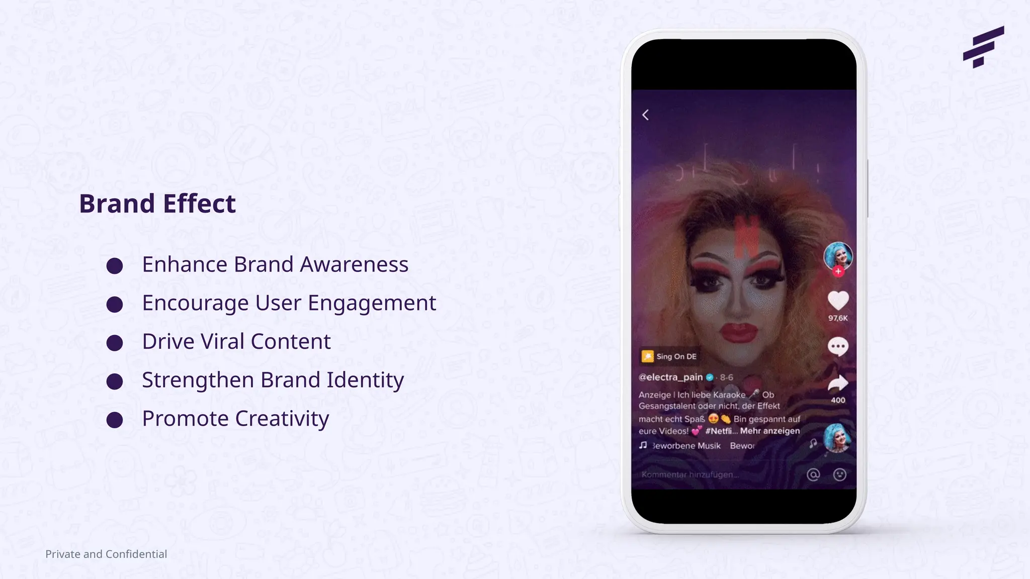 Private and Confidential
● Enhance Brand Awareness
● Encourage User Engagement
● Drive Viral Content
● Strengthen Brand Identity
● Promote Creativity
Brand Effect
 