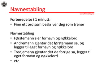 NavnestablingForberedelsei 1 minutt: Finn ettordsombeskriverdegsomtrenerNavnestablingFørstemannsierfornavnognøkkelordAndremanngjentardetførstemannsa, ogleggertilegetfornavnognøkkelordTredjemanngjentardet de forrigesa, leggertilegetfornavnognøkkelordetc