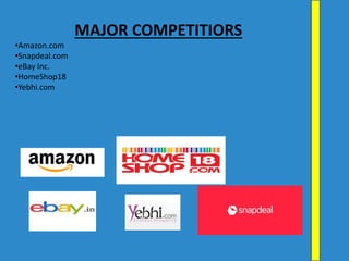 MAJOR COMPETITIORS
•Amazon.com
•Snapdeal.com
•eBay Inc.
•HomeShop18
•Yebhi.com
 