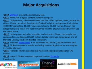 •2010: WeRead, a social book discovery tool.
•2011: Mime360, a digital content platform company.
•2011: Chakpak.com, a Bollywood news site that offers updates, news, photos and
videos. Flipkart acquired the rights to Chakpak's digital catalogue which includes
40,000 filmographies, 10,000 movies and close to 50,000 ratings. Flipkart has
categorically said that it will not be involved with the original site and will not use
the brand name.
•2012: Letsbuy.com, an Indian e-retailer in electronics. Flipkart has bought the
company for an estimated US$25 million. Letsbuy.com was closed down and all
traffic to Letsbuy has been diverted to Flipkart.
•2014: Acquired Myntra.com in an estimated ₹20 billion (US$300 million) deal.
•2015: Flipkart acquired a mobile marketing start-up Appiterate as to strengthen
its mobile platform.
•2016: Flipkart’s Myntra acquires rival fashion shopping site Jabong for $70
million.
•2016: In April, Flipkart acquired payment start-up PhonePe.
Investments.
Major Acquisitions
 