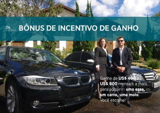 Ganhe de US$ 400 a
US$ 800 mensais a mais
para adquirir: uma casa,
um carro, uma moto.
Você escolhe!
Bônus de Incentivo de GanhoO NEGÓCIO
06.
 