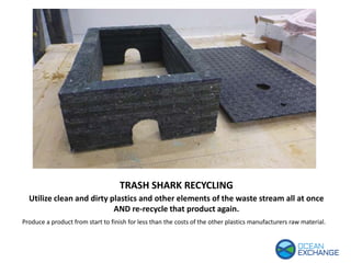TRASH SHARK RECYCLING
Produce a product from start to finish for less than the costs of the other plastics manufacturers raw material.
Utilize clean and dirty plastics and other elements of the waste stream all at once
AND re-recycle that product again.
 