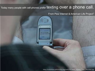 Today many people with cell phones prefer texting over a phone call.
From Pew Internet & American Life Project7
http://commons.wikimedia.org/wiki/File:Man_texting_over_shoulder.jpg
 