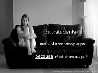 because of cell phone usage. 6
had lost a relationship or job
7% of students
http://farm2.staticflickr.com/1013/902028093_9a5b518310_b.jpg
 