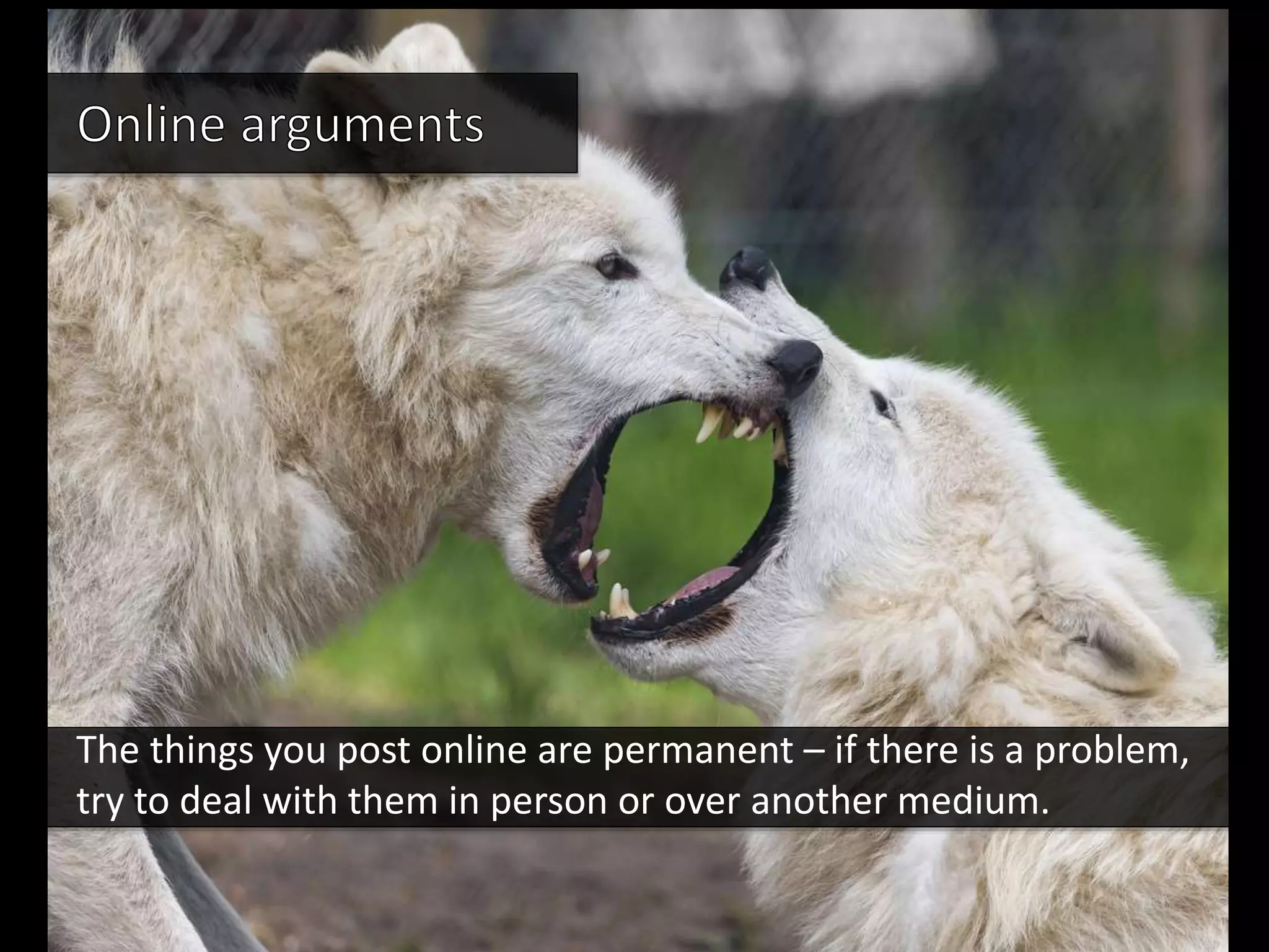 The things you post online are permanent – if there is a problem,
try to deal with them in person or over another medium.
 