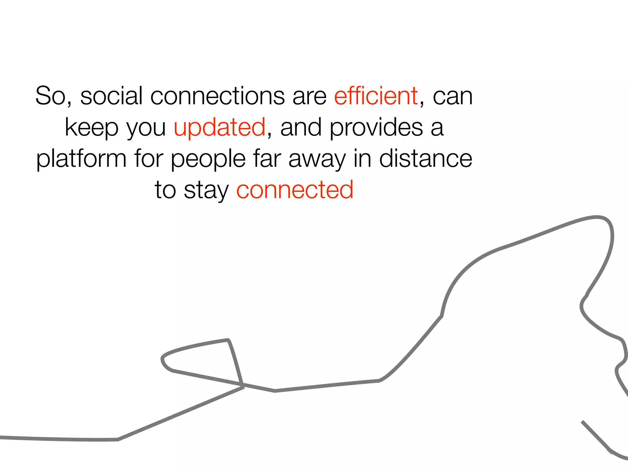 So, social connections are efﬁcient, can
keep you updated, and provides a
platform for people far away in distance
to stay connected
 