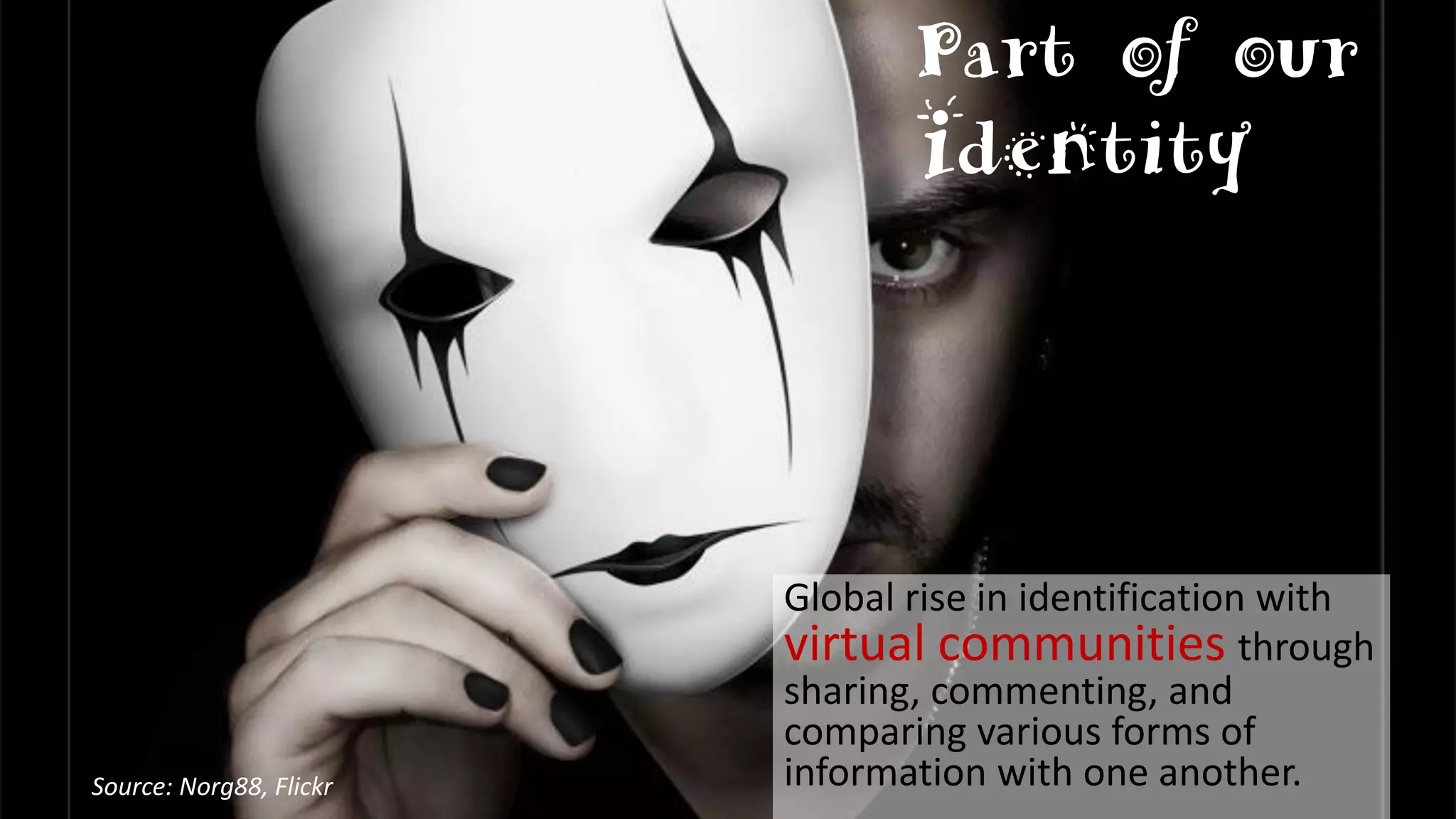 Part of our
Identity
Global rise in identification with
virtual communities through
sharing, commenting, and
comparing various forms of
information with one another.Source: Norg88, Flickr
 