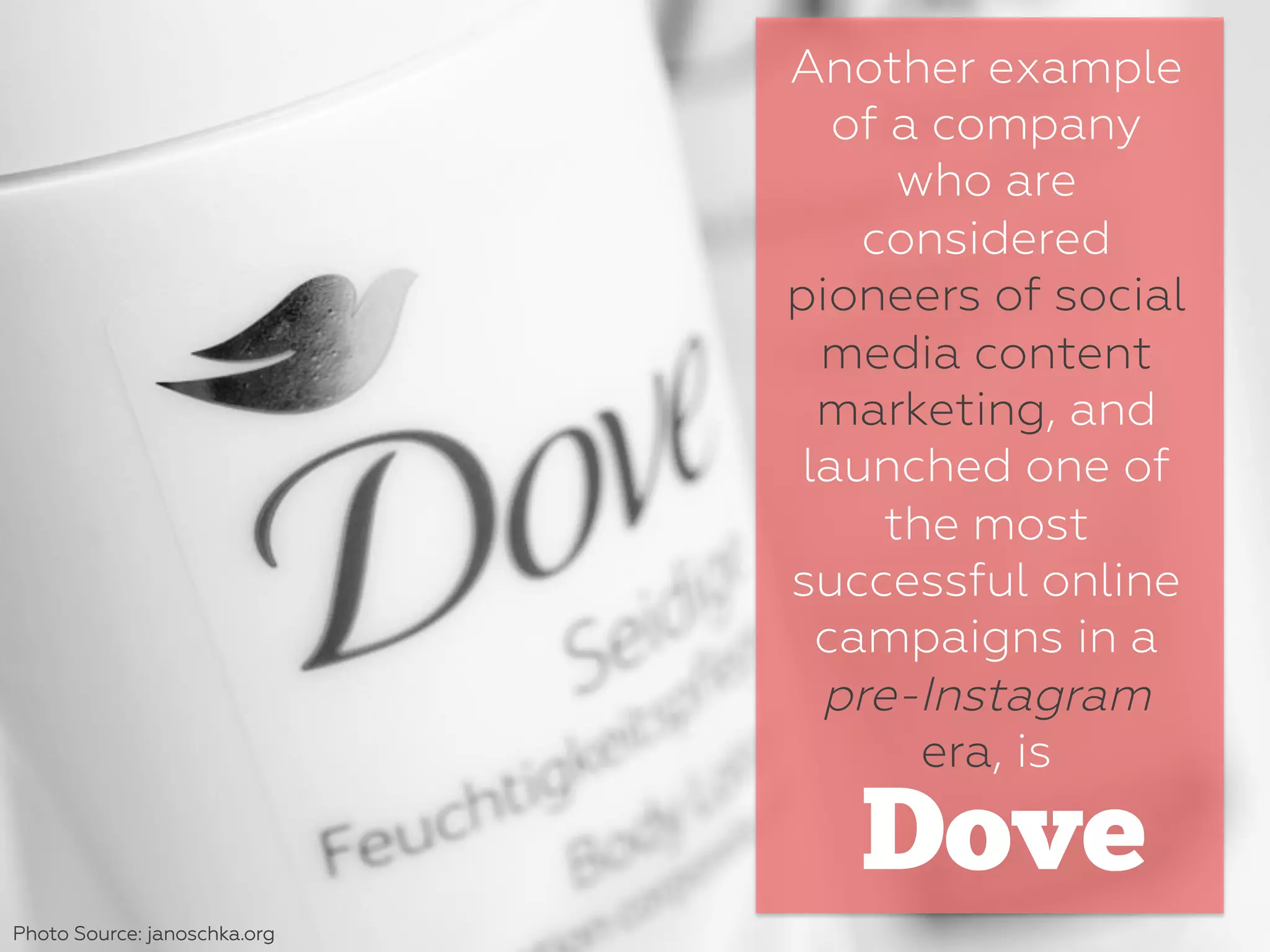 Another example
of a company
who are
considered
pioneers of social
media content
marketing, and
launched one of
the most
successful online
campaigns in a
pre-Instagram
era, is
Dove
Photo Source: janoschka.org
 