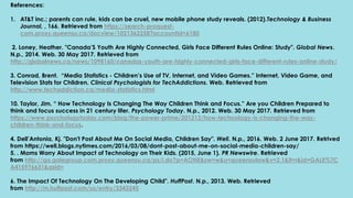 References:
1. AT&T inc.; parents can rule, kids can be cruel, new mobile phone study reveals. (2012).Technology & Business
Journal, , 166. Retrieved from https://search-proquest-
com.proxy.queensu.ca/docview/1021362258?accountid=6180
2. Loney, Heather. "Canada’S Youth Are Highly Connected, Girls Face Different Rules Online: Study". Global News.
N.p., 2014. Web. 30 May 2017. Retrieved from
http://globalnews.ca/news/1098160/canadas-youth-are-highly-connected-girls-face-different-rules-online-study/
3. Conrad, Brent. “Media Statistics - Children’s Use of TV, Internet, and Video Games.” Internet, Video Game, and
Television Stats for Children. Clinical Psychologists for TechAddictions. Web. Retrieved from
http://www.techaddiction.ca/media-statistics.html
10. Taylor, Jim. “ How Technology Is Changing The Way Children Think and Focus.” Are you Children Prepared to
think and focus success in 21 century lifer. Psychology Today. N.p., 2012. Web. 30 May 2017. Retrieved from
https://www.psychologytoday.com/blog/the-power-prime/201212/how-technology-is-changing-the-way-
children-think-and-focus.
4. Dell’Antonia, Kj. "Don't Post About Me On Social Media, Children Say". Well. N.p., 2016. Web. 2 June 2017. Retrived
from https://well.blogs.nytimes.com/2016/03/08/dont-post-about-me-on-social-media-children-say/
5. . Moms Worry About Impact of Technology on Their Kids. (2015, June 1). PR Newswire. Retrieved
from http://go.galegroup.com.proxy.queensu.ca/ps/i.do?p=AONE&sw=w&u=queensulaw&v=2.1&it=r&id=GALE%7C
A415976631&asid=
6. The Impact Of Technology On The Developing Child". HuffPost. N.p., 2013. Web. Retrieved
from http://m.huffpost.com/us/entry/3343245
 