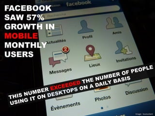FACEBOOK
SAW 57%
GROWTH IN
MOBILE
MONTHLY
USERS
THIS NUMBER EXCEEDED THE NUMBER OF PEOPLE
USING IT ON DESKTOPS ON A DAILY BASIS
Image:	
  	
  louisvolant	
  
 