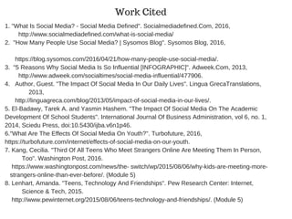 Work Cited
1. "What Is Social Media? ­ Social Media Defined". Socialmediadefined.Com, 2016,                        
        http://www.socialmediadefined.com/what­is­social­media/
2.  "How Many People Use Social Media? | Sysomos Blog". Sysomos Blog, 2016,                            
 
      https://blog.sysomos.com/2016/04/21/how­many­people­use­social­media/.
3.  "5 Reasons Why Social Media Is So Influential [INFOGRAPHIC]". Adweek.Com, 2013,              
        http://www.adweek.com/socialtimes/social­media­influential/477906.
4.   Author, Guest. "The Impact Of Social Media In Our Daily Lives". Lingua GrecaTranslations,      
              2013,
      http://linguagreca.com/blog/2013/05/impact­of­social­media­in­our­lives/.
5. El­Badawy, Tarek A. and Yasmin Hashem. "The Impact Of Social Media On The Academic
Development Of School Students". International Journal Of Business Administration, vol 6, no. 1,
2014, Sciedu Press, doi:10.5430/ijba.v6n1p46.
6."What Are The Effects Of Social Media On Youth?". Turbofuture, 2016,
https://turbofuture.com/internet/effects­of­social­media­on­our­youth.
7. Kang, Cecilia. "Third Of All Teens Who Meet Strangers Online Are Meeting Them In Person,      
          Too". Washington Post, 2016. 
    https://www.washingtonpost.com/news/the­ switch/wp/2015/08/06/why­kids­are­meeting­more­  
   strangers­online­than­ever­before/. (Module 5)
8. Lenhart, Amanda. "Teens, Technology And Friendships". Pew Research Center: Internet,          
          Science & Tech, 2015. 
    http://www.pewinternet.org/2015/08/06/teens­technology­and­friendships/. (Module 5)
 