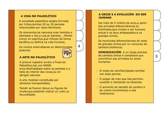 A VIDA NO PALEOLÍTICO
A sociedade paleolítica estaba formada
por tribos,dunhas 20 ou 30 persoas
relacionadas por lazos familiares.
Os elementos da natureza eran temidos e
adorados:o Sol,a Lúa,as estrelas….Támén
creron en espíritos,que influían de forma
benéfica ou dañina na vida humana.
Os mortos enterrábanse en determinadas
posturas.
A ARTE NO PALEOLÍTICO
A pintura rupestre xurdiu a finais do
Paleolítico,hai uns 40000
anos.Realizáabase sobre as paredes e o
teito do interior das covas,ou en
abrigos naturais.
A arte mobiliar:constituída por
obxectos transportables.
Tamén se fixeron Venus ou figuras de
muller,que poderían indicar un culto ou
fecundidade.
A ORIXE E A EVOLUCIÓN DO SER
HUMANO
Hai máis de 5 millóns de anos,a partir
dos primates diferenciáronse os
homínidos,que inclúen o ser humano
actual e os seus antepasados;e os
grandes simios.
Os homínidos diferenciáronse do resto
de grandes simios por un conxunto de
cambios biolóxicos.
HOMINIZACIÓN: é un longo proceso
de cambios lentos e complexos que
convirtiron aos primates en seres
humanos.
- O modo de camiñar,bípede:camiñar
con dúas pernas.
- O polgar da man que lles permitiu
suxeitar e manipular os obxectos.
- O aumento do tamaño do cerebro e
do cranio:incrementou a súa
intelixencia.
4
5
 