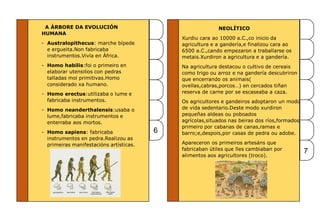 A ÁRBORE DA EVOLUCIÓN
HUMANA
- Australopithecus: marche bípede
e ergueita.Non fabricaba
instrumentos.Vivía en África.
- Homo habilis:foi o primeiro en
elaborar utensilios con pedras
talladas moi primitivas.Homo
considerado xa humano.
- Homo erectus:utilizaba o lume e
fabricaba instrumentos.
- Homo neanderthalensis:usaba o
lume,fabricaba instrumentos e
enterraba aos mortos.
- Homo sapiens: fabricaba
instrumentos en pedra.Realizou as
primeiras manifestacións artísticas.
NEOLÍTICO
Xurdiu cara ao 10000 a.C.,co inicio da
agricultura e a gandería,e finalizou cara ao
6500 a.C.,cando empezaron a traballarse os
metais.Xurdiron a agricultura e a gandería.
Na agricultura destacou o cultivo de cereais
como trigo ou arroz e na gandería descubriron
que encerrando os animais(
ovellas,cabras,porcos…) en cercados tiñan
reserva de carne por se escaseaba a caza.
Os agricultores e gandeiros adoptaron un modo
de vida sedentario.Deste modo xurdiron
pequeñas aldeas ou poboados
agrícolas,situados nas beiras dos ríos,formados
primeiro por cabanas de canas,ramas e
barro;e,despois,por casas de pedra ou adobe.
Apareceron os primeiros artesáns que
fabricaban útiles que lles cambiaban por
alimentos aos agricultores (troco).
6
7
 