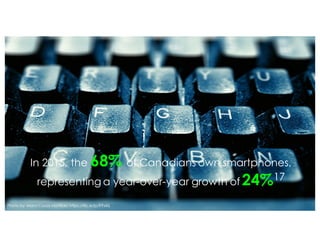 In 2015, the 68% of Canadians own smartphones,
representing a year-over-year growth of 24%17
Photo by Marci Casas via Flickr: https://flic.kr/p/99xKiL
 