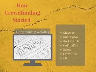 How
Crowdfunding
Started 
Crowdfunding Websites Kickstart
IndieGoGo
Rocket Hub
GoFundMe
Razoo
Crowdrise
Etc. 
 