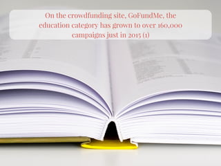 On the crowdfunding site, GoFundMe, the
education category has grown to over 160,000
campaigns just in 2015 (1)
 