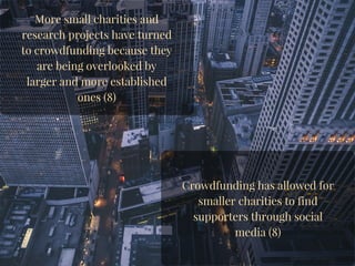 More small charities and
research projects have turned
to crowdfunding because they
are being overlooked by
larger and more established
ones (8)
Crowdfunding has allowed for
smaller charities to find
supporters through social
media (8)
 