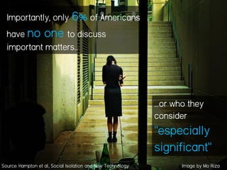 Importantly, only 6% of Americans
have no one to discuss
important matters…
….or who they
consider
“especially
significant”
Image by Mo RizaSource: Hampton et al., Social Isolation and New Technology
 